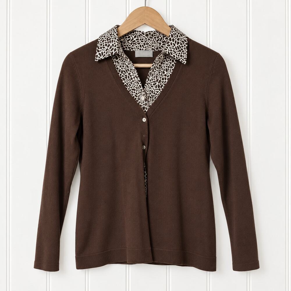 Liz Claiborne 2 In 1 Layered Cardigan Blouse Brown Petite Medium Career